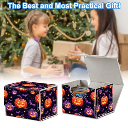 Pumpkins and Bats Deck Box for MTG Commander | Holds 100+ Double-Sleeved Cards | Strong Magnetic TCG Card Case for Collectible Games - color: Pumpkins and Bats