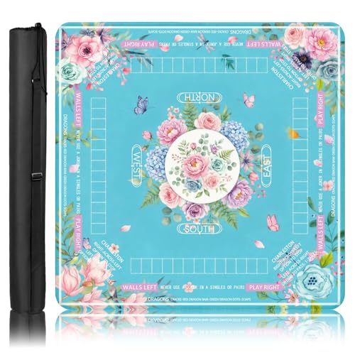 Britimes Mahjong Mat with Black Carrying Bag,31.5"x31.5", Floral Butterfly | Teal Non-Slip Noise Reduction Gaming Mat Rubber Multi Purpose Game Table Cover for Mahjong Card Dominoes Board Tile Games - color: Light Blue