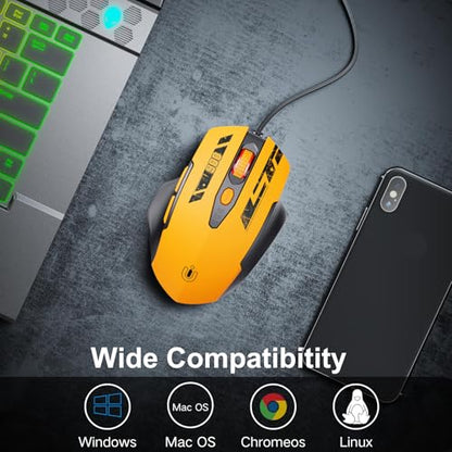 Uineer Wired Mouse, USB-A Computer Mouse with 6 Buttons,Adjustable | Plug-and-play USB-A wired connection with 6 programmable buttons, 7200 DPI and a 1.5 m cable. - color: Yellow