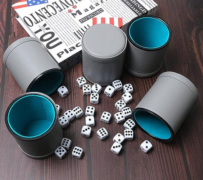 5 Pack PU Leather Dice Cups Felt Lining Quiet Shaker with 30 Dot Dice for Bar Party Yahtzee Farkle Dice Games, Grey - color: Grey