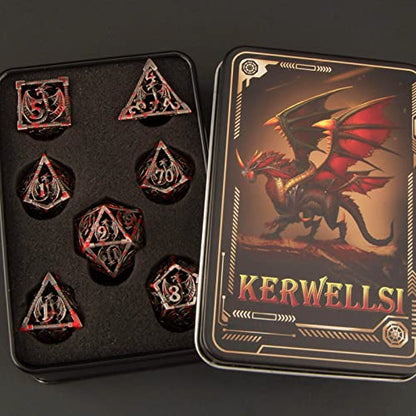 KERWELLSI Hollow DND Dice Set D&D with Gifts Box, 7pcs Polyhedral Metal D and D Dice for Role Playing Game, Dungeon Dragon Dice D20 D12 D10 D8 D6 D4 (Blood) - color: Blood