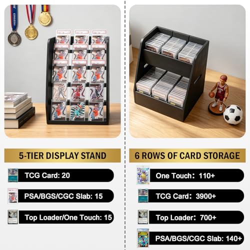 Magnetic 2-in-1 Trading Card Display Stand - Wood Detachable 5-Tier Graded Card Holder & Modular Storage Rack with Supporters, Professional Baseball Card Case for PSA BGS SGC Slabs, Toploaders & TCG - size: Small