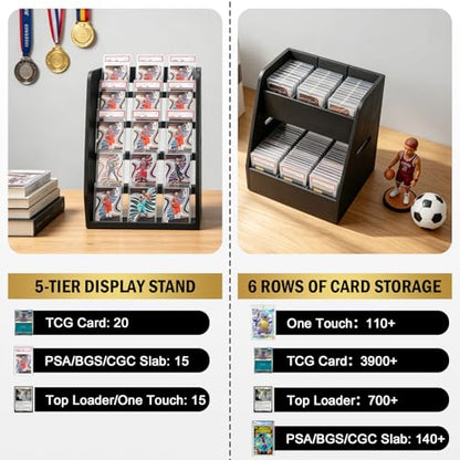 Magnetic 2-in-1 Trading Card Display Stand - Wood Detachable 5-Tier Graded Card Holder & Modular Storage Rack with Supporters, Professional Baseball Card Case for PSA BGS SGC Slabs, Toploaders & TCG - size: Small