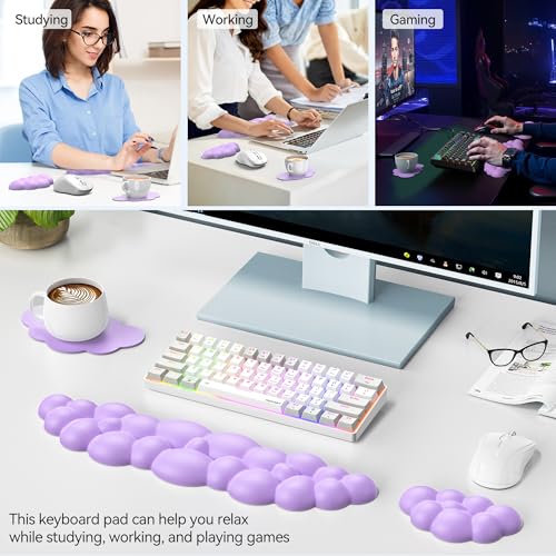 TECKNET Cloud Keyboard Wrist Rest Set, Cloud Wrist Rest with Non-Slip Base, PU Leather Wrist Pad for Keyboard with Ergonomic Memory Foam for Computer Laptop Office Gaming and Pain Relief, Purple - color: Purple