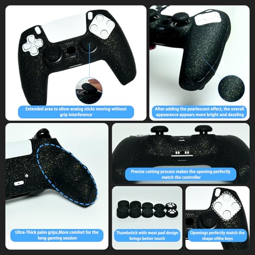 Black Glitter Anti-Slip Protective Silicone Cover Skin Grips Compatible with PS5/Slim/Pro Controller,8 PCS Glitter Thumb Grips Caps and 2 Grips Caps. (Glitter Black) - color: Black