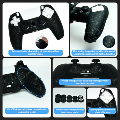 Black Glitter Anti-Slip Protective Silicone Cover Skin Grips Compatible with PS5/Slim/Pro Controller,8 PCS Glitter Thumb Grips Caps and 2 Grips Caps. (Glitter Black) - color: Black