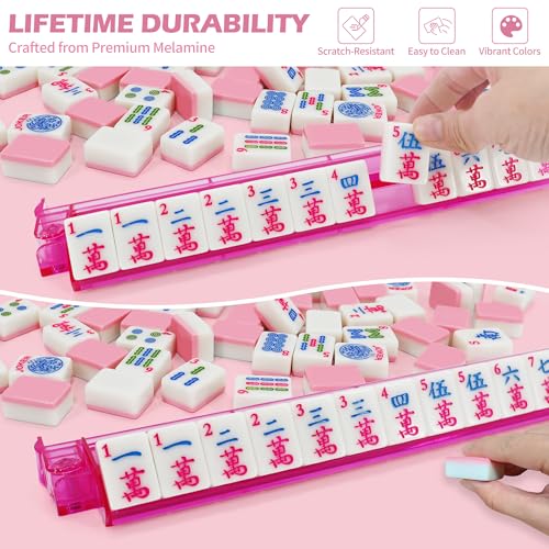 Jolitac American Mahjong Game Set, 166 Premium Tiles, Mahjong Tile Set with Sturdy Carrying Bag, Include Chips & Dice – Portable Travel Complete Mahjong Set for Adults & Beginners - color: Pink