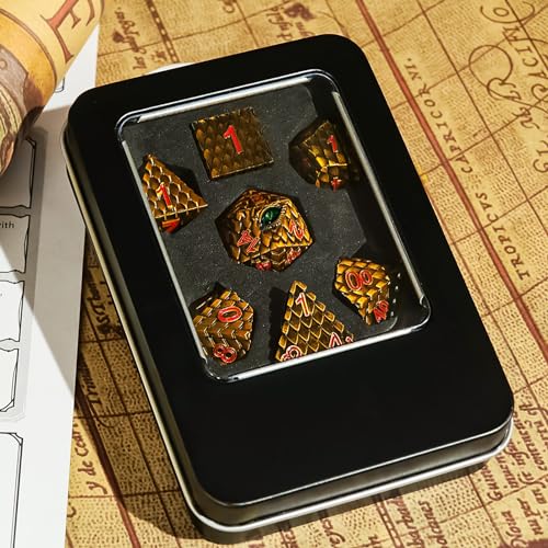 Metal Dice Set D&D,7 PCS Dragon Scale Metallic DND Dice Set,Dragon Eye Metal Dice with Gift Metal Box for Dungeons and Dragon Tabletop Game (Yellow Dragon Scale & Green Eye) - color: Yellow Dragon Scale & Green Eye