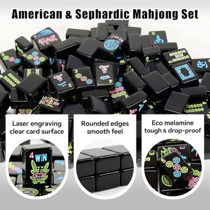 American Mahjong Tile Set, 166 Black Mah jongg Tiles,3 Dice & Bag | 1.2-Inch Engraved Tile, Melamine, Portable Mahjong Sets, for Travel, Family Game Night, and Gifting - color: Black