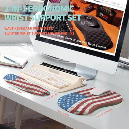 2-in-1 Ergonomic Set, Wave Rise Keyboard Wrist Rest and Massage Bulge Slope Mouse Pad Wrist Support, Cushion Memory Foam Integrated to Relieve Wrist Pain, American Flag - color: American Flag