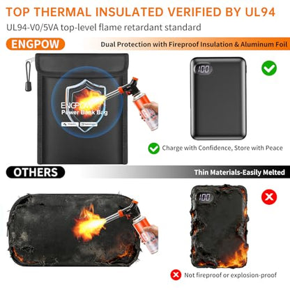 ENGPOW Fireproof Organizer Travel Safe Bag, Portable Electronic Carry Case | Heat Insulated＆Explosion-Proof, Home Travel Storage for Power Bank,Phone,Cables,USB Drive,Charging Protection,9''x7'',Black - size: 9'' x 7''