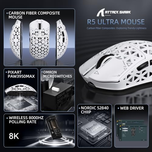 ATTACK SHARK R5Ultra 8K Carbon Fiber Wireless Gaming Mouse, White | 42K DPI,PAW3950 MAX Sensor,39g Ultra-Lightweight,Nordic 52840 MCU Chip,Wired/BT/2.4GHz Wireless Programmable Mice for PC/Mac - color: White