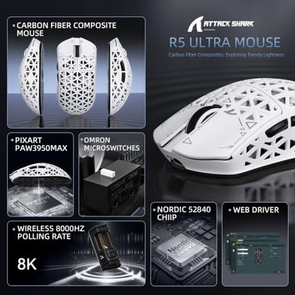 ATTACK SHARK R5Ultra 8K Carbon Fiber Wireless Gaming Mouse, White | 42K DPI,PAW3950 MAX Sensor,39g Ultra-Lightweight,Nordic 52840 MCU Chip,Wired/BT/2.4GHz Wireless Programmable Mice for PC/Mac - color: White