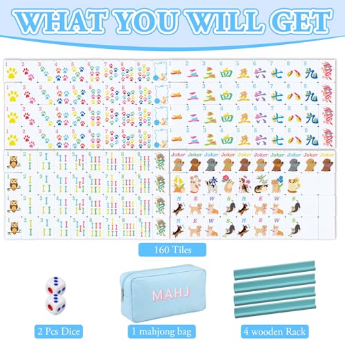 Soulchen Mini American Mahjong Tile Set Include 160 0.8 Inch Mahjong Tiles 2 Dice 4 Wooden Rulers 1 Accessory Bag 4 Beginner Rule Cards(Animal) - style: Animal