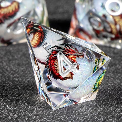 KERWELLSI Liquid Core Dragons Pattern Dice, Resin DND Dice Set with Gift Box, White Sharp Edged Dungeons D&D Dice, Role Playing Game Dice D20 D12 D10 D8 D6 D4 - color: White