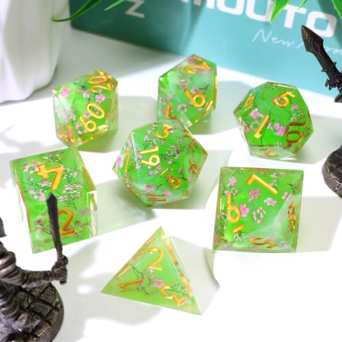 XENOLUX Polyhedral Resin Dice Set for DND, Spring Sakura Blossom Botanical RPG Dice for Dungeons and Dragons, Handcrafted Translucent Tabletop Board Games Accessories with Tin Box (L12) - color: L12
