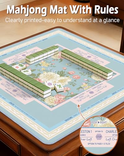 Mahjong Mat Table with Rules Mah Jong Mat Neoprene Travel Chinoiserie Floral Majong Learning Mat Instructions Mahjong Gifts Women Unique Non-Slip Rubber Pad, 31.5" x 31.5", Blue Flower - color: Blue Flower, size: 31.5" x 31.5"