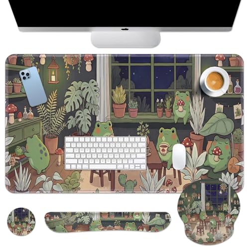 Arttown Keyboard Mouse Pad Set, 4 in 1 Desk Mat Set Frog Cute | Cartoon Plant Large Mousepad+Keyboard Wrist Rest+Mouse Wrist Rest+Coaster Ergonomic Design for Home Office Computer - color: Cute Frog