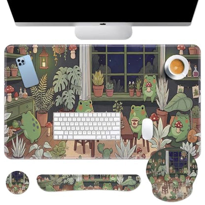 Arttown Keyboard Mouse Pad Set, 4 in 1 Desk Mat Set Frog Cute | Cartoon Plant Large Mousepad+Keyboard Wrist Rest+Mouse Wrist Rest+Coaster Ergonomic Design for Home Office Computer - color: Cute Frog