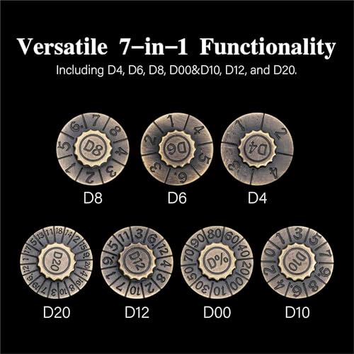 Foldable Spinner Metal DND Dice Set – Compact Elegant Design with D4, D6, D8, D10, D12, D20, D% for TTRPG Gifts - color: Ancient Bronze