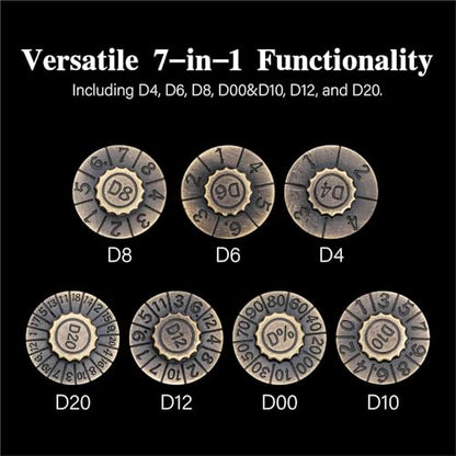 Foldable Spinner Metal DND Dice Set – Compact Elegant Design with D4, D6, D8, D10, D12, D20, D% for TTRPG Gifts - color: Ancient Bronze