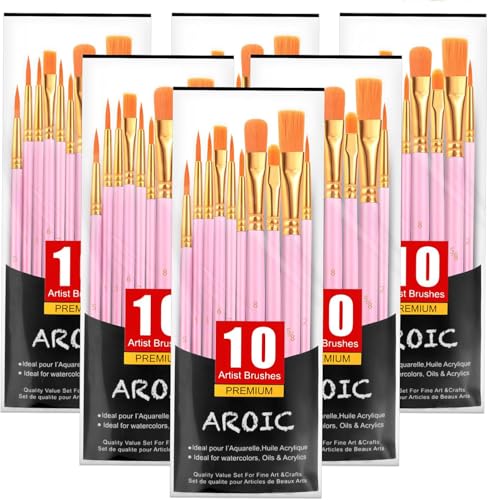 AROIC Acrylic Paint Brushes, 6 Packs/60 pcs Nylon Hair Paint Brush Set for All Purpose Oil Watercolor Painting Artist Professional Kits (Pink) - size: 60pcs-pink
