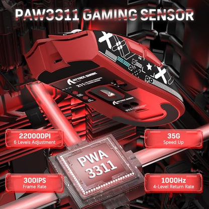 ATTACK SHARK X11 59g Lightweight Wireless Gaming Mouse,RGB Charging Dock,Tri-Mode-BT/2.4G Wireless/Wired Mouse with Grip Tape,22000 DPI,5 Programmable Buttons for Pc/Mac/Xbox(Red&Sticker) - color: Red & Griptape