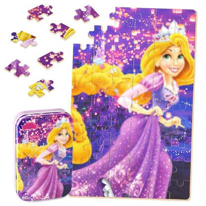 Puzzles for Kids Ages 4-8,Kids Puzzls in a Metal Box,60 Pieces Long Hairs Princess Small Puzles,Kid Boys Girls Learning Educational Puzzle Packed in Tin Box - color: Long Hairs60