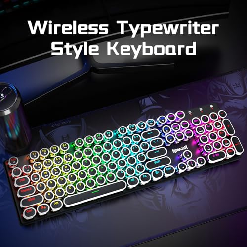 Redragon K710 Wireless Typewriter Style Mechanical Gaming Keyboard, Black | Bluetooth/2.4Ghz/Wired Tri-mode, RGB Backlit, Rechargeable Battery, Clicky Blue Switch, Solid Metal Panel, Round Keycaps
