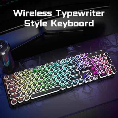 Redragon K710 Wireless Typewriter Style Mechanical Gaming Keyboard, Black | Bluetooth/2.4Ghz/Wired Tri-mode, RGB Backlit, Rechargeable Battery, Clicky Blue Switch, Solid Metal Panel, Round Keycaps