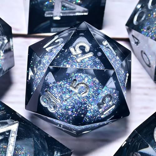 Resin Dice Set,Dragon and Dungeon Polyhedral Metal Dice, Punk Style Role-Play RPG Explorer MTG Pioneer Game DND Dice Set - color: Black Sand-white Text