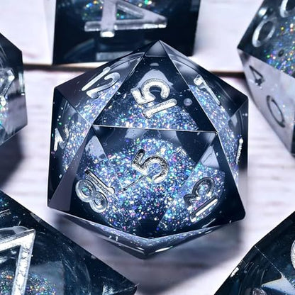 Resin Dice Set,Dragon and Dungeon Polyhedral Metal Dice, Punk Style Role-Play RPG Explorer MTG Pioneer Game DND Dice Set - color: Black Sand-white Text