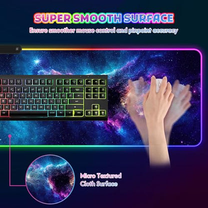 ToLuLu RGB Mouse Pad Gaming, XXL Large LED Mouse Pad with 14 Lights Modes | 35.4 x 15.7 inches Desk Mat for Keyboard and Mouse, Extended Desk Pad Mat PC Gaming Mousepad Accessories（Blue Purple Galaxy)
