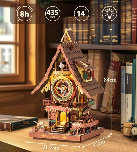 ROKR Cuckoo Clock 3D Wooden Puzzle with LED Light & Hourly Chime for Adults | DIY Wooden Clock Model Building Set, Unique Gift for Women Men