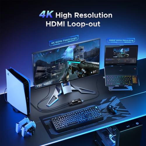 XIIXMASK USB 3.0 Video Capture Card, 1080P 60FPS Capture with HDMI Loop-Out | Capture card for PS5, Switch, PC & cameras. Features zero-delay loop-out for smooth recording & streaming.