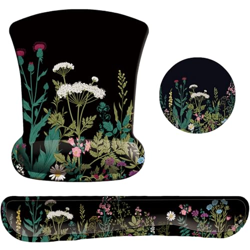 Keyboard Wrist Rest Pad Mouse Pad with Wrist Support Set of 3, Gaming Mousepad with Non-Slip Rubber Base, Ergonomic Memory Foam Mouse Cushion Support for Home Office Laptop Computer, Flowers Grass - color: 15-flowers Grass
