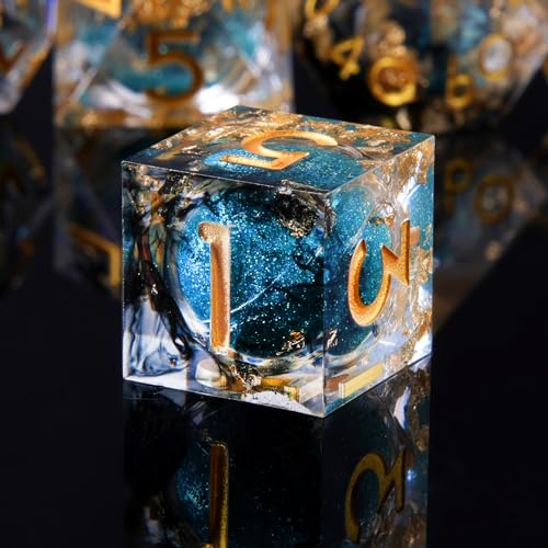 Liquid Core DND Dice Set, 7pcs Sharp Edge Dice for Role Playing Dungeons and Dragons Ttrpg with Gift Box, Handmade Resin D&D Dice RPG Role Playing Games Dice Set(Black&Blue Quicksand) - color: Liquid-smog Clear Blue