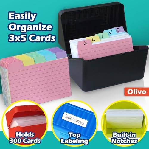 Olivo 3x5 Index Card Holder Box with 100 Cards Dividers Tabs 3"x 5", Black - color: Black