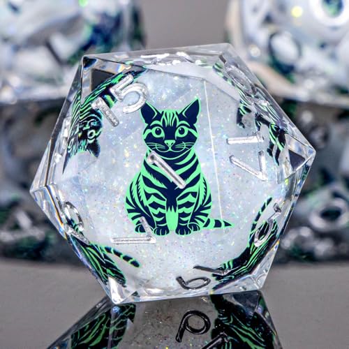 KERWELLSI Cat Liquid Core DND Dice Set with Gift Box, 7Pcs Resin Dungeons Sharp Edge D&D Dice, Dragons D and D Role Playing Dice D20 D12 D10 D8 D6 D4, White and Light Green Cat - color: White and Light Green Cat