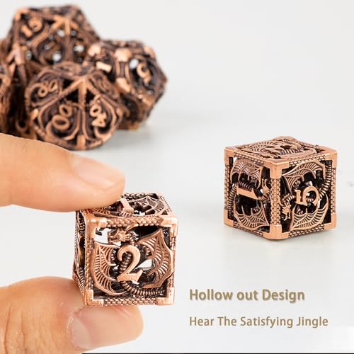 7PCS DND Dice Set, Premium Hollow Metal Polyhedral Dice with Treasure Chest & Dice Bag, Gift for Men & Women, Dungeons and Dragons, TTRPG RPG Tabletop Games (Antique Red Copper) - color: Antique-red-copper