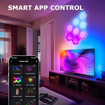 Hexagon LED Lights, 8 Pack with App and Remote Control | Frosted 3D plastic panels for gamers and streamers; made for gaming rooms, esports setups and movie rooms with music sync - size: 8pack