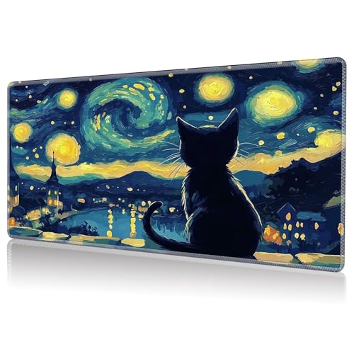 Playmat for MTG, Game Play Mat Card Game Playing 24 x 14 inches Tabletop Magic Play Mats Non-Slip Rubber Base and Stitched Mousepad Desk Mats Playmats for MTG TCG,Starry Night Black Cat - color: Starry Night Black Cat, size: NO Zones
