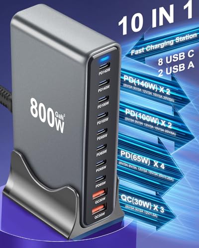800W USB C Fast Charger Block, Multi-port USB Charging Station, GaN Ⅲ Double 140W PD PPS Port Fast Charging Station for Multiple Devices,Laptop Wall Charger Compatible with iPhone 17,iPad, MacBook etc - size: 800W+A 240W Braided Nylon Fast Charging Cable