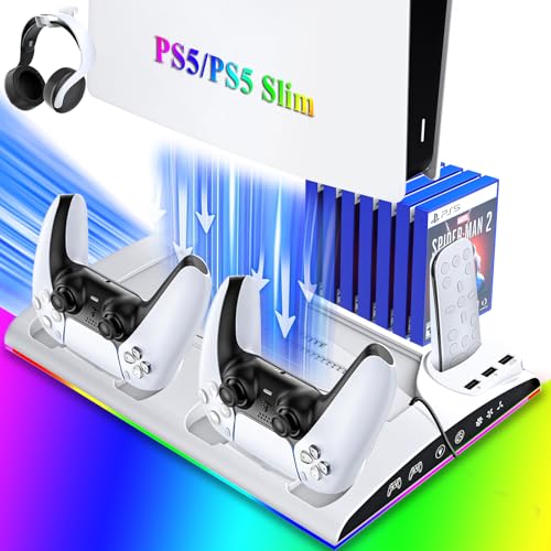 Cooling Station for PS5/PS5 Slim Disc & Digital Console, PS5/PS5 Slim Stand Cooling Stand with RGB Controller Fast Charging Station for PS 5 Console Accessories with Cooling Fan