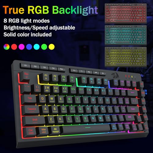 Redragon Wireless Gaming Keyboard, Bluetooth/2.4GHz/USB-C Wired, RGB Backlit, Portable 75% Mini Quiet Macro Membrane Keyboard, Rechargeable 4000mAh Battery, Anti-Ghosting for Win/MAC - color: Black