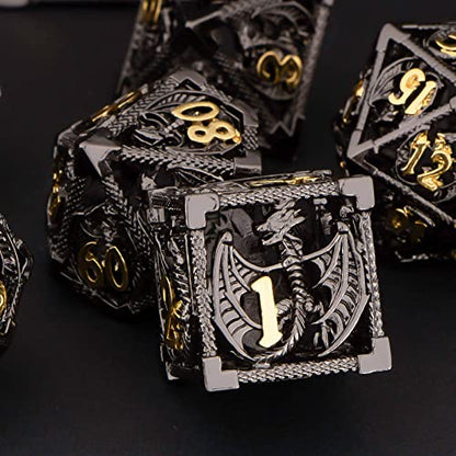 KERWELLSI Hollow DND Dice Set D&D with Gifts Box, 7pcs Polyhedral Metal D and D Dice for Role Playing Game, Dungeon Dragon Dice D20 D12 D10 D8 D6 D4 (Black) - color: Black