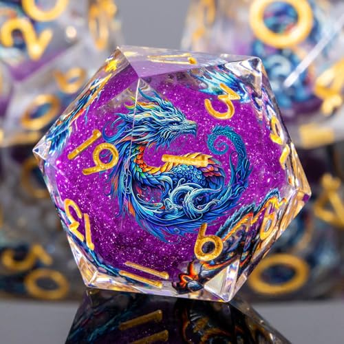 Roycevon Dragon Pattern Liquid Core DND Dice Set, 7Pcs Sharp Edge Dice with Gift Box, Purple Resin Dungeons Dragons D and D Role Playing Dice D20 D12 D10 D8 D6 D4 - color: Purplr Gold