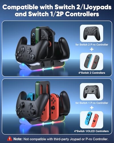 Switch 2/1/OLED Controller Charger, 6 in 1 Charging Dock Station for Joy Cons & for Pro Controller, Charging Stand USB Charging Indicator and USB Cable- Widely Compatibility