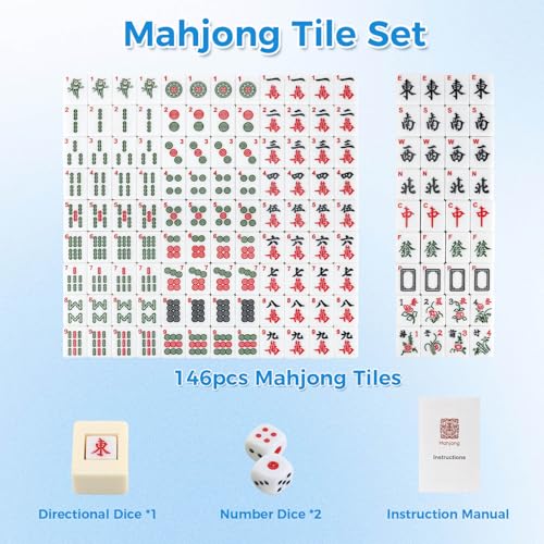 Mahjong Tile Set, 146pcs Professional Chinese Mahjong Set with Instruction Manual, Premium Mah Jongg Sets with Storage Box, 1.4" Mah Jong Tiles Easy to Grab, Game for Gathering, Party, Camping - color: Blue