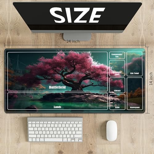 Board Game Mat TCG Playmat Plus 50 Pcs Card Sleeves, 24 x 14 inches Table Mats Games Mousepad with Zones Smooth Surface for MTG RPG CCG Trading Card Game Play Mats, Pink Cherry Trees - color: Pink Cherry Trees, size: Zone 1